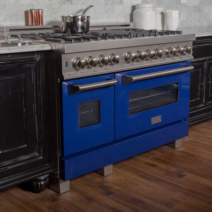 ZLINE 48" Dual Fuel Range with Blue Gloss Door & 48" Range Hood Appliance Package, 2KP-RASBGRH48