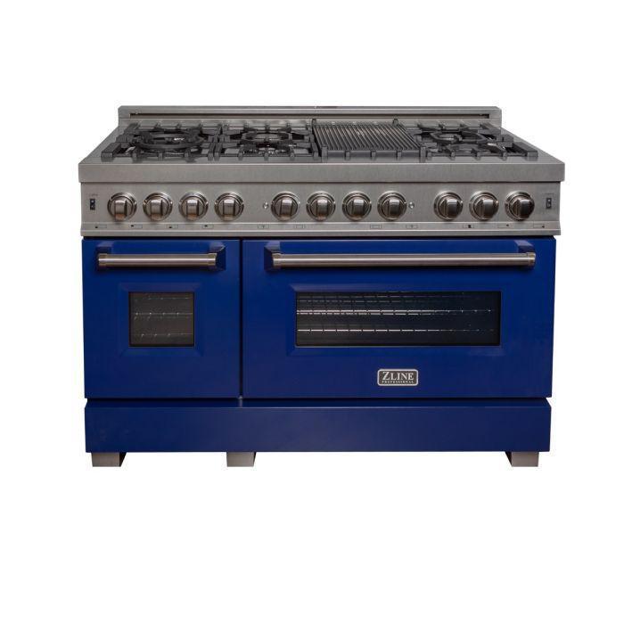 ZLINE 48" Dual Fuel Range with Blue Gloss Door & 48" Range Hood Appliance Package, 2KP-RASBGRH48