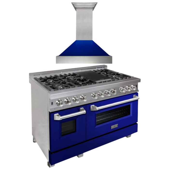 ZLINE 48" Dual Fuel Range with Blue Gloss Door & 48" Range Hood Appliance Package, 2KP-RASBGRH48