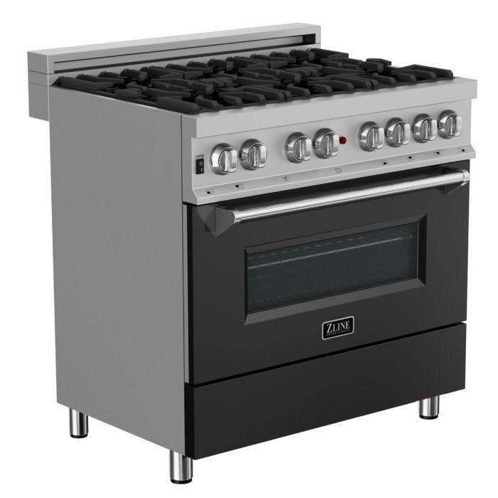 ZLINE 36" Dual Fuel Range in DuraSnow® with Black Matte Door & 36" Range Hood Appliance Package, 2KP-RASBLMRH36