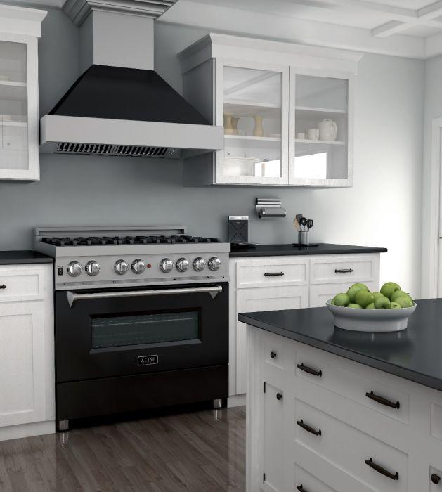 ZLINE 36" Dual Fuel Range in DuraSnow® with Black Matte Door & 36" Range Hood Appliance Package, 2KP-RASBLMRH36