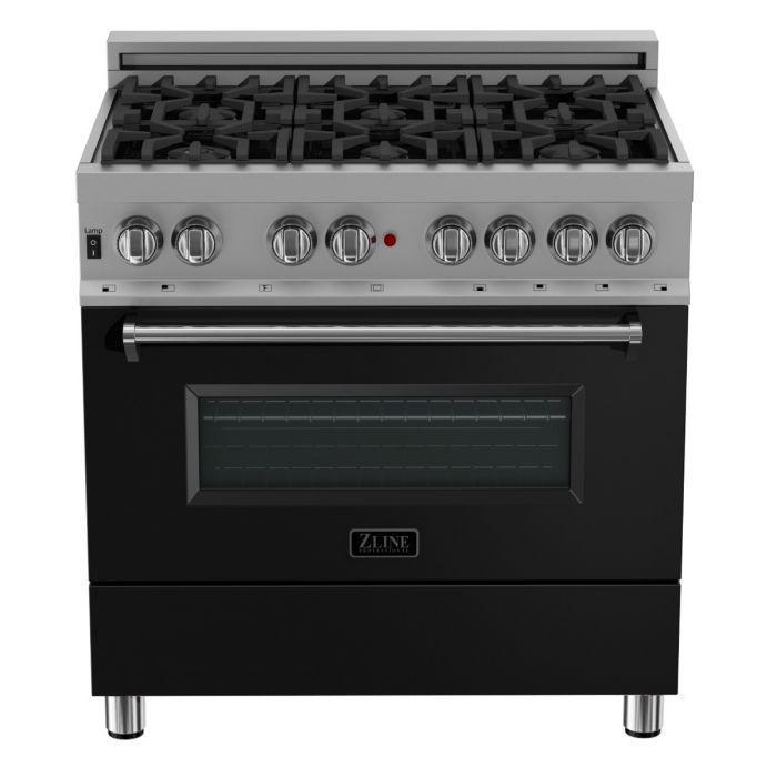 ZLINE 36" Dual Fuel Range in DuraSnow® with Black Matte Door & 36" Range Hood Appliance Package, 2KP-RASBLMRH36