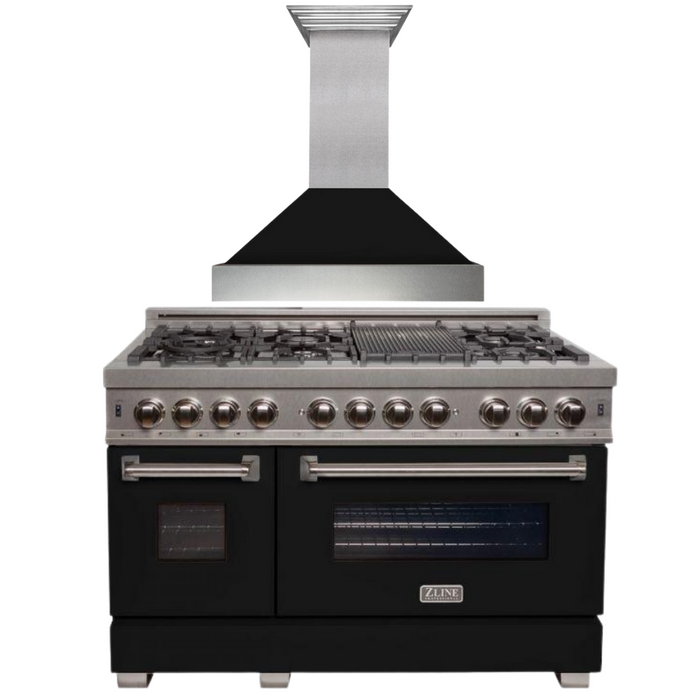 ZLINE 48" Dual Fuel Range with Black Matte Door & 48" Range Hood Appliance Package, 2KP-RASBLMRH48