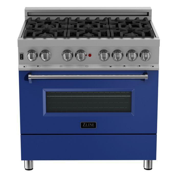 ZLINE 36" Dual Fuel Range with Blue Matte Door & 36" Range Hood Appliance Package, 2KP-RASBMRH36