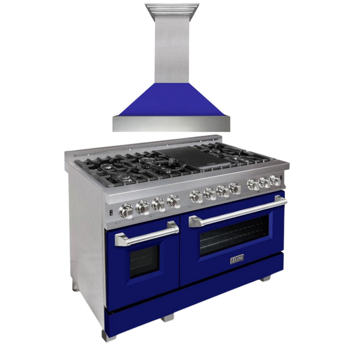 ZLINE 48 in. Dual Fuel Range with Blue Matte Door & 48 in. Range Hood Appliance Package, 2KP-RASBMRH48