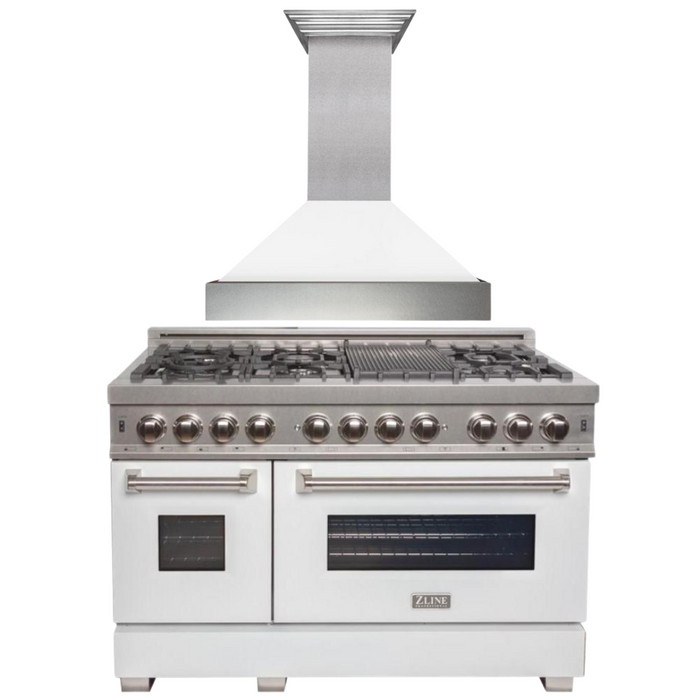 ZLINE 48" Dual Fuel Range with White Matte Gloss Door & 48" Range Hood Appliance Package, 2KP-RASWMRH48