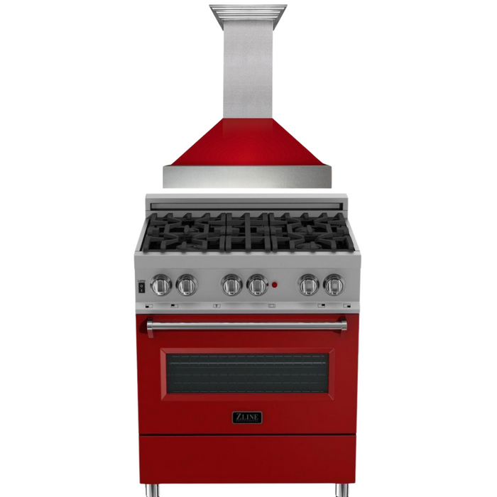 ZLINE 30 in. Dual Fuel Range in DuraSnow® with Red Gloss Door & 30 in. Range Hood Appliance Package, 2KP-RASRGRH30