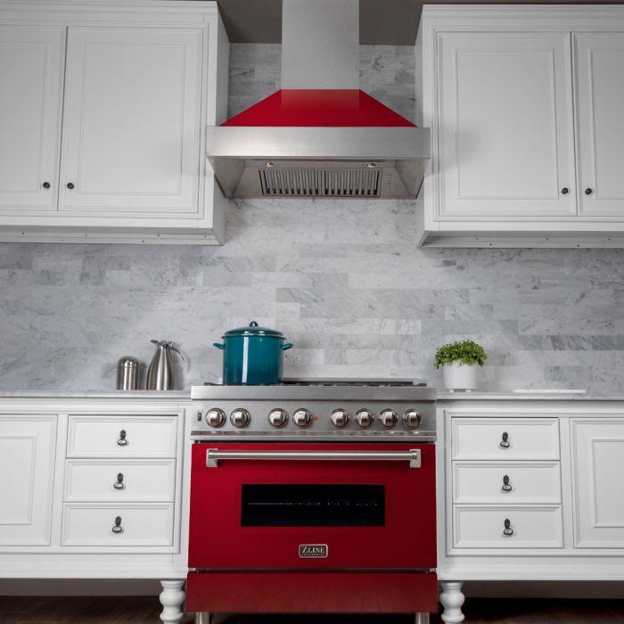 ZLINE 36" Dual Fuel Range in DuraSnow® with Red Gloss Door & 36" Range Hood Appliance Package, 2KP-RASRGRH36