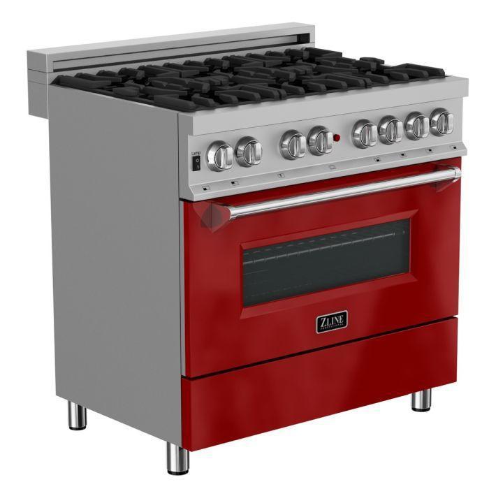 ZLINE 36" Dual Fuel Range in DuraSnow® with Red Gloss Door & 36" Range Hood Appliance Package, 2KP-RASRGRH36