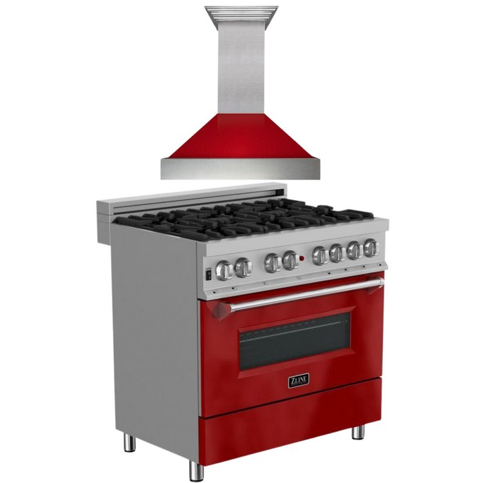 ZLINE 36" Dual Fuel Range in DuraSnow® with Red Gloss Door & 36" Range Hood Appliance Package, 2KP-RASRGRH36