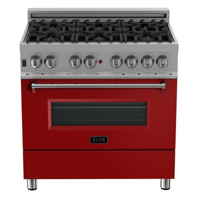 ZLINE 36" Dual Fuel Range in DuraSnow® with Red Matte Door & 36" Range Hood Appliance Package, 2KP-RASRMRH36