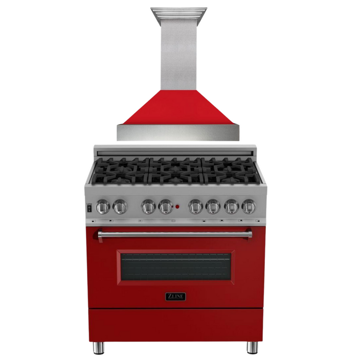 ZLINE 36" Dual Fuel Range in DuraSnow® with Red Matte Door & 36" Range Hood Appliance Package, 2KP-RASRMRH36