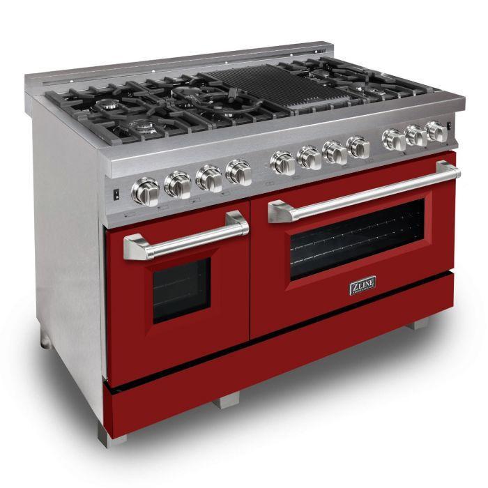 ZLINE 48" Dual Fuel Range with Red Matte Door & 48" Range Hood Appliance Package, 2KP-RASRMRH48