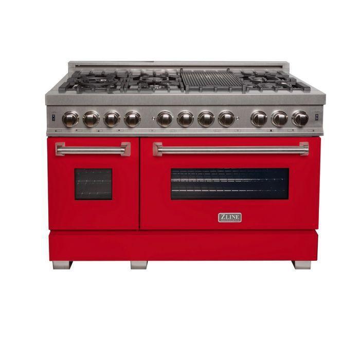 ZLINE 48" Dual Fuel Range with Red Matte Door & 48" Range Hood Appliance Package, 2KP-RASRMRH48