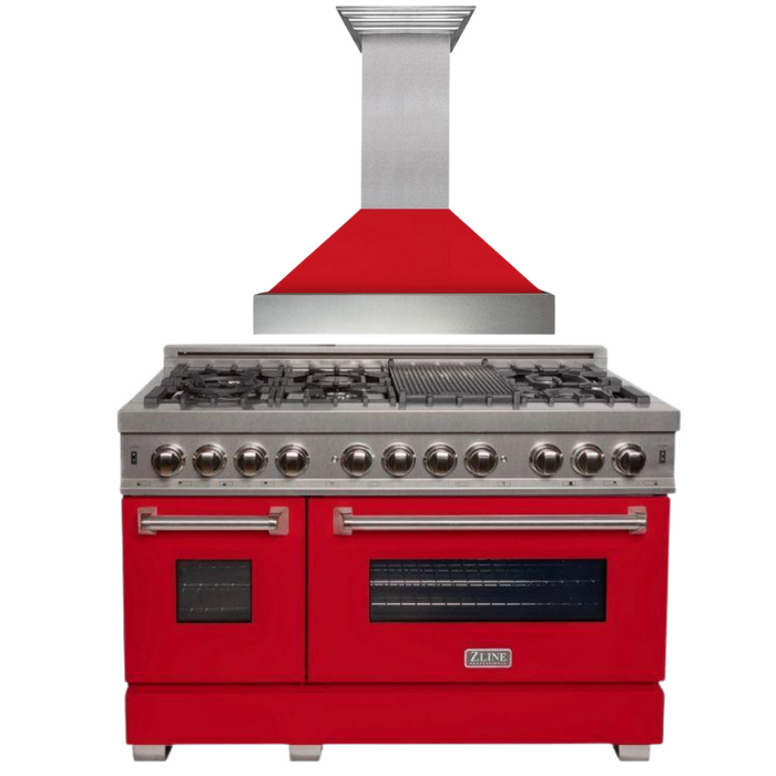 ZLINE 48" Dual Fuel Range with Red Matte Door & 48" Range Hood Appliance Package, 2KP-RASRMRH48