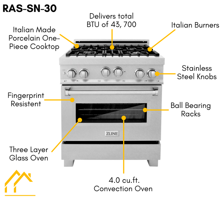 ZLINE Kitchen and Bath 30 in. Professional Gas Burner/Electric Oven in DuraSnow® Stainless, RAS-SN-30