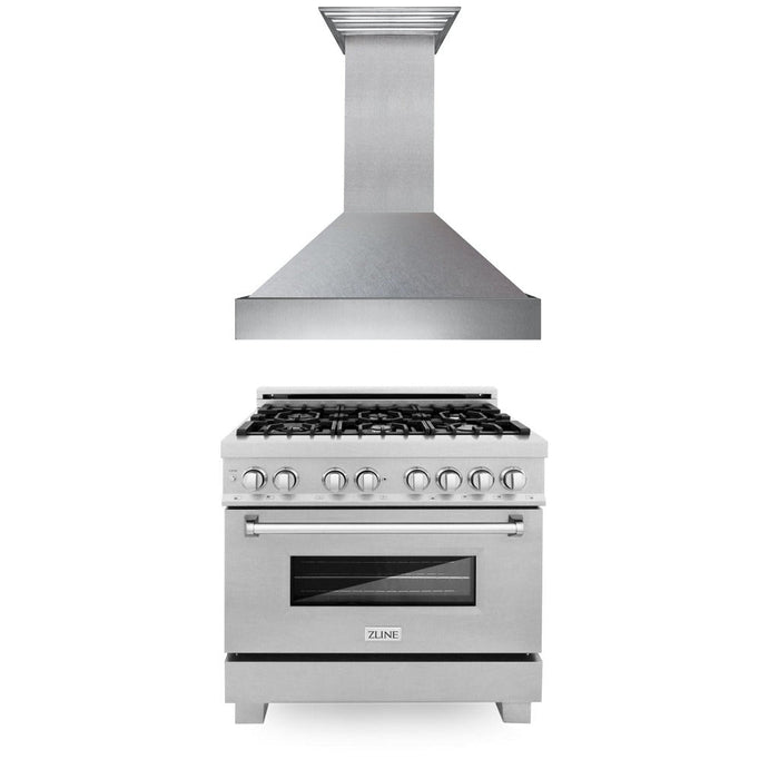 ZLINE 36 in. Kitchen Package with Fingerprint Resistant Stainless Steel Dual Fuel Range and Convertible Vent Range Hood (2KP-RASSNRH36)