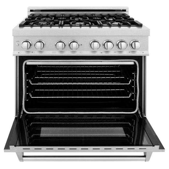 ZLINE 36 in. Dual Fuel Range & 36 in. Range Hood in DuraSnow® Appliance Package, 2KP-RASSNRH36