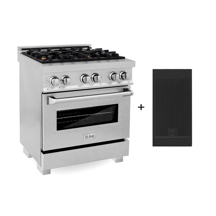 ZLINE 30 in. 4.0 cu. ft. Legacy Dual Fuel Range with Gas Cooktop and Electric Convection Oven in DuraSnow® Stainless Steel with 4 Brass Burners and Griddle (RAS-SN-BR-GR-30)