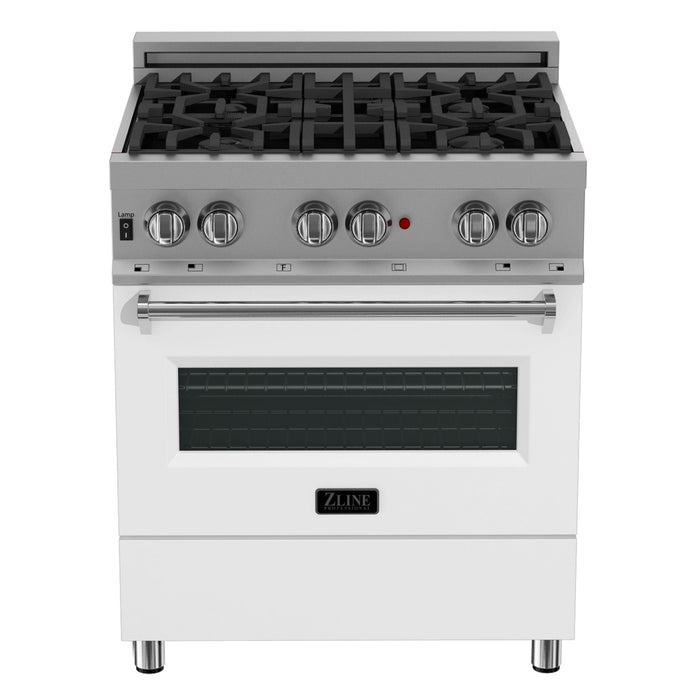 ZLINE Kitchen and Bath 30 in. Dual Fuel Range in DuraSnow® with White Matte Door & 30 in. Range Hood Appliance Package, 2KP-RASWMRH30