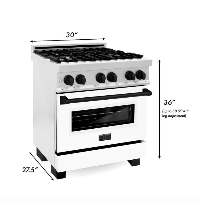 ZLINE Autograph Edition 30 in. 4.0 cu. ft. Legacy Dual Fuel Range with 4 Burner Gas Cooktop and Electric Convection Oven in DuraSnow® Stainless Steel with White Matte Door and Matte Black Accents (RASZ-WM-30-MB)