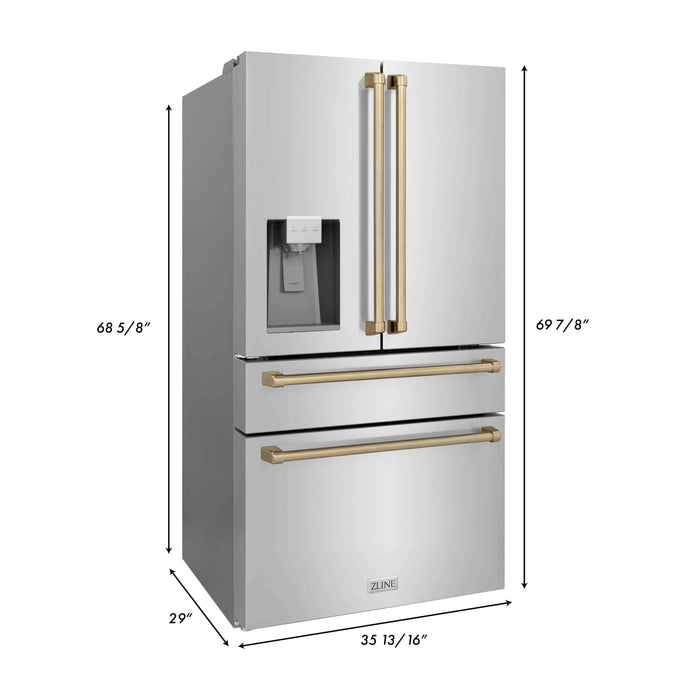 ZLINE Autograph Edition 36 in. Kitchen Package with Stainless Steel Dual Fuel Range, Range Hood, Dishwasher and Refrigeration Including External Water Dispenser with Champagne Bronze Accents (4AKPR-RARHDWM36-CB)