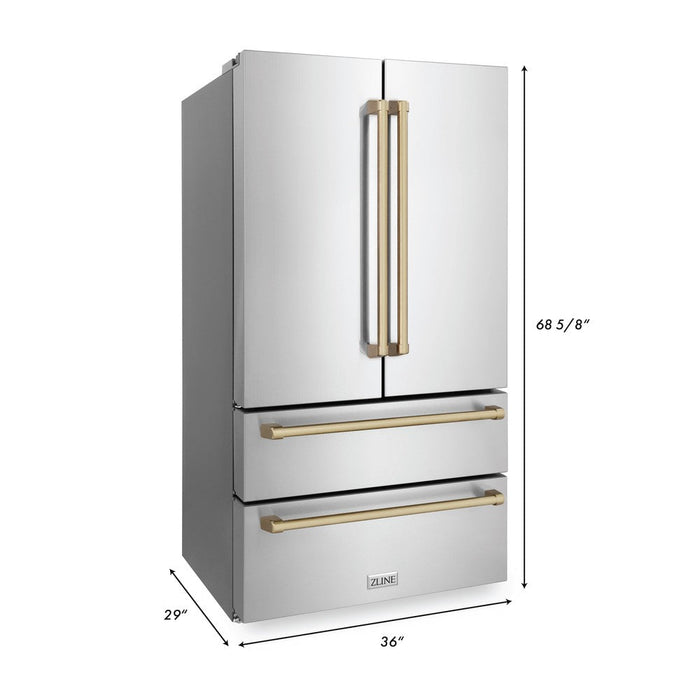 ZLINE Autograph Edition 36 in. Kitchen Package with Stainless Steel Dual Fuel Range, Range Hood, Dishwasher and Refrigeration with Champagne Bronze Accents (4KAPR-RARHDWM36-CB)