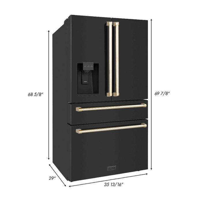 ZLINE Autograph Edition Kitchen Package in Black Stainless Steel with 30 in. Dual Fuel Range, 30 in. Range Hood, 24 in. Dishwasher and 36 in. French Door Refrigerator with Polished Gold Accents (4AKPR-RABRHDWV30-G)