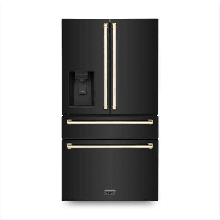 ZLINE Autograph Package - 36" Dual Fuel Range, Range Hood, Refrigerator with Water and Ice Dispenser, Microwave and Dishwasher in Black Stainless Steel with Gold Accents