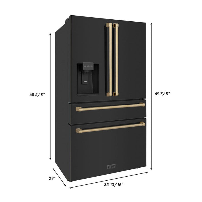 ZLINE Autograph Edition 48 in. Kitchen Package with Black Stainless Steel Dual Fuel Range, Range Hood, Dishwasher, and French Door Refrigerator with Champagne Bronze Accents (4AKPR-RABRHDWV48-CB)