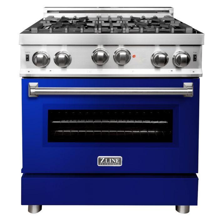 ZLINE 30 in. Gas Range with Blue Gloss Door & 30 in. Range Hood Appliance Package, 2KP-RGBGRH30