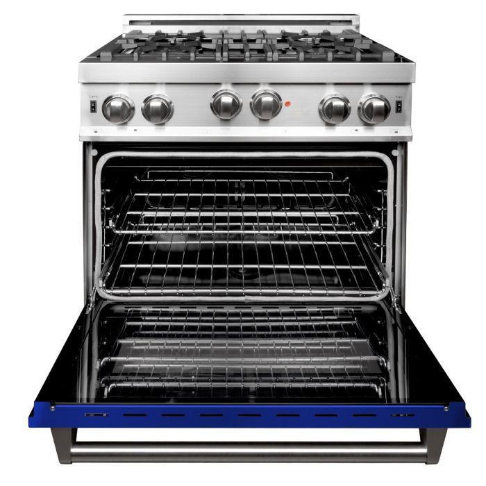 ZLINE 30 in. Gas Range with Blue Gloss Door & 30 in. Range Hood Appliance Package, 2KP-RGBGRH30