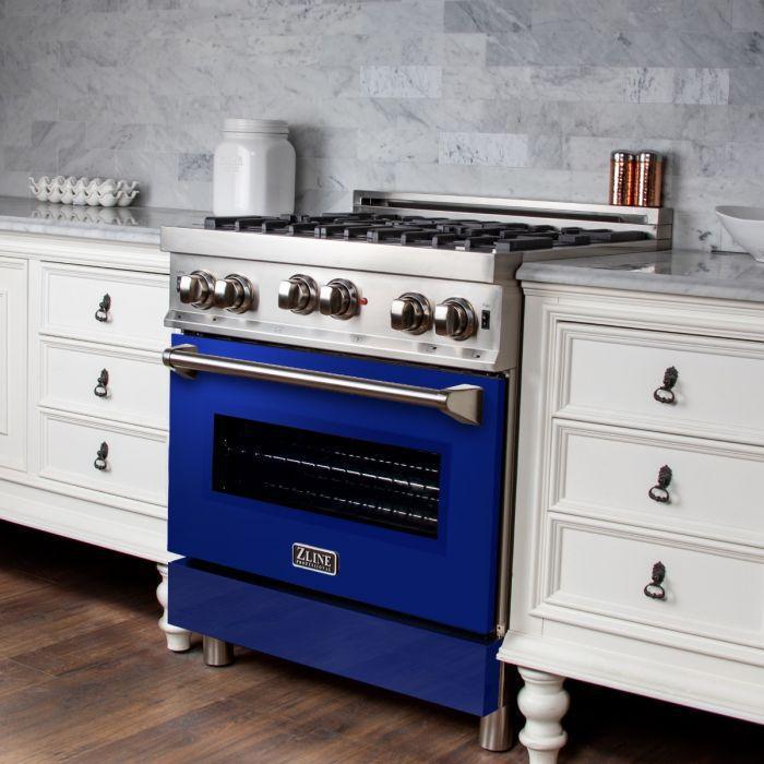 ZLINE 30 in. Gas Range with Blue Gloss Door & 30 in. Range Hood Appliance Package, 2KP-RGBGRH30