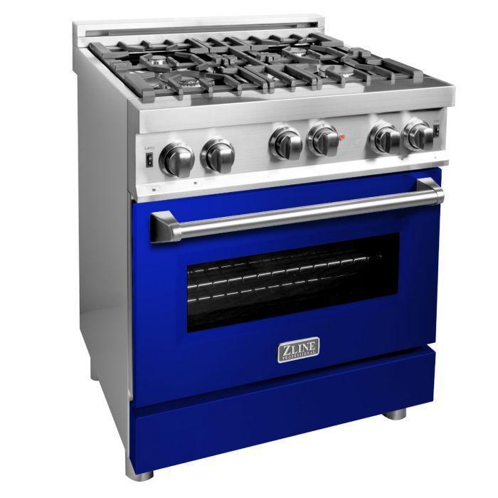 ZLINE 30 in. Gas Range with Blue Gloss Door & 30 in. Range Hood Appliance Package, 2KP-RGBGRH30