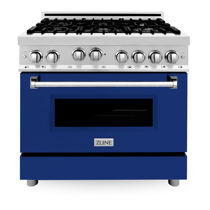 ZLINE 36 in. Gas Range with Blue Gloss Door & 36 in. Range Hood Appliance Package, 2KP-RGBGRH36