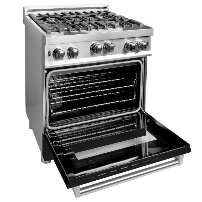 ZLINE 30 in. Gas Range with Black Matte Door & 30 in. Range Hood Appliance Package, 2KP-RGBLMRH30