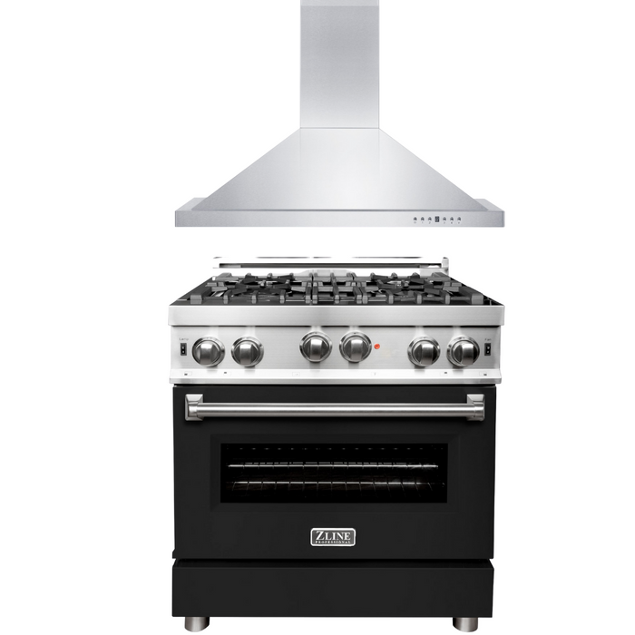 ZLINE 30 in. Gas Range with Black Matte Door & 30 in. Range Hood Appliance Package, 2KP-RGBLMRH30