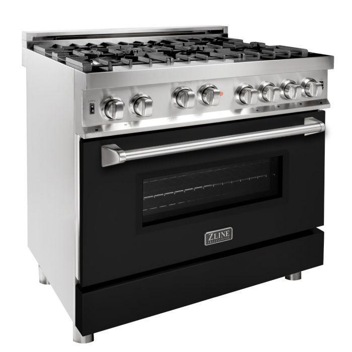 ZLINE 36 in. Gas Range with Black Matte Door & 36 in. Range Hood Appliance Package, 2KP-RGBLMRH36