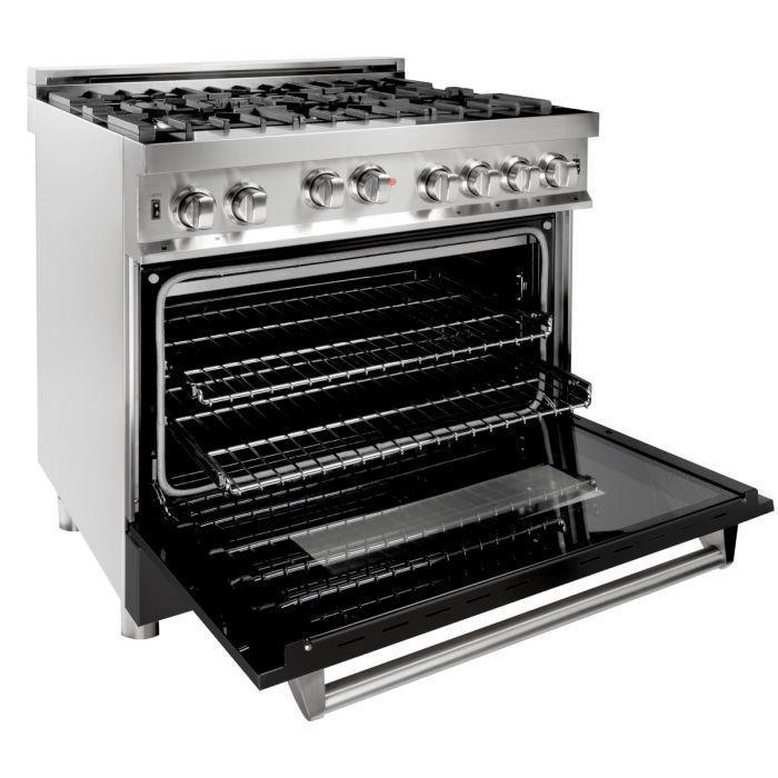 ZLINE 36 in. Gas Range with Black Matte Door & 36 in. Range Hood Appliance Package, 2KP-RGBLMRH36