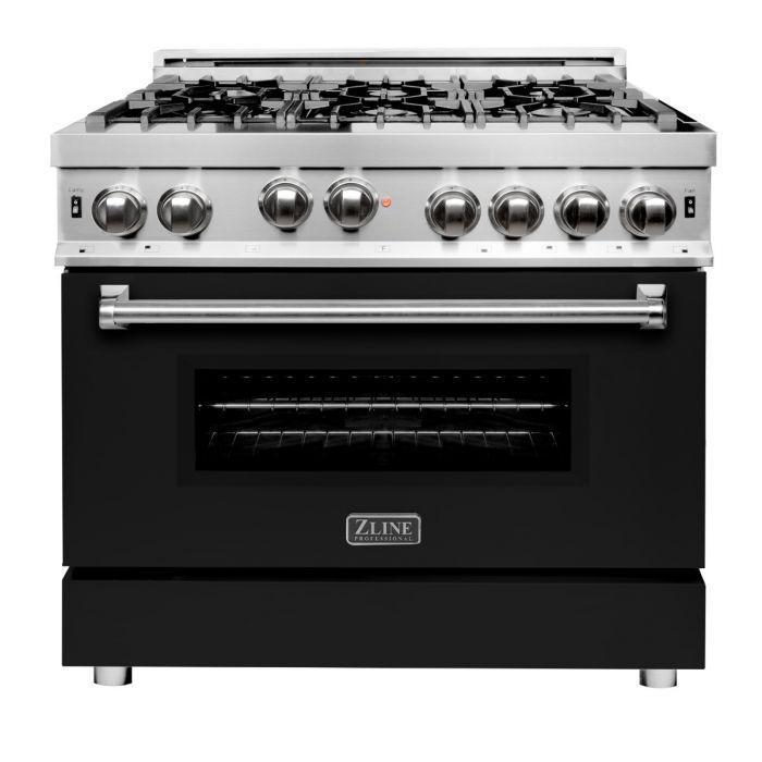 ZLINE 36 in. Gas Range with Black Matte Door & 36 in. Range Hood Appliance Package, 2KP-RGBLMRH36