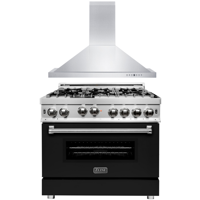 ZLINE 36 in. Gas Range with Black Matte Door & 36 in. Range Hood Appliance Package, 2KP-RGBLMRH36