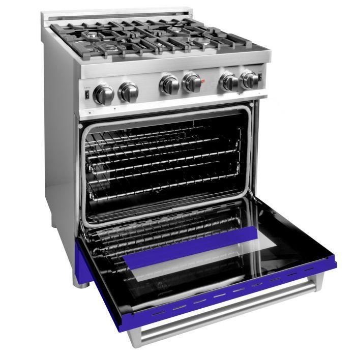 ZLINE 30 in. Gas Range with Blue Matte Door & 30 in. Range Hood Appliance Package, 2KP-RGBMRH30