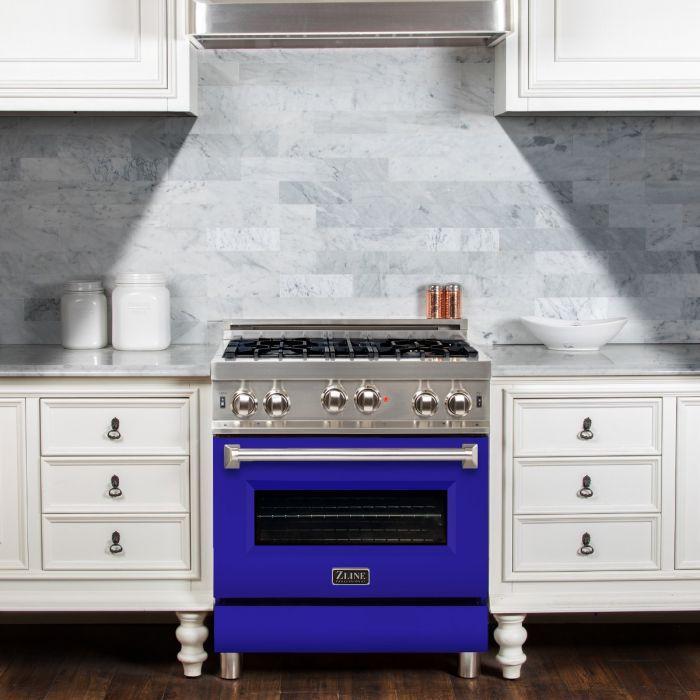 ZLINE 30 in. Gas Range with Blue Matte Door & 30 in. Range Hood Appliance Package, 2KP-RGBMRH30