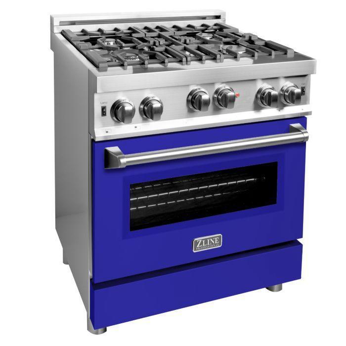 ZLINE 30 in. Gas Range with Blue Matte Door & 30 in. Range Hood Appliance Package, 2KP-RGBMRH30