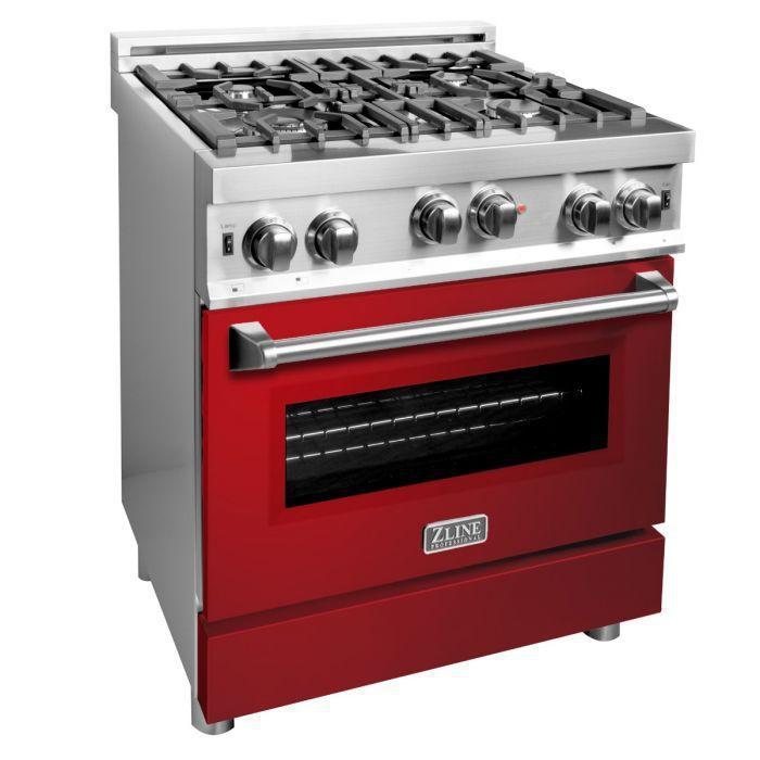 ZLINE 30 in. Gas Range with Red Gloss Door & 30 in. Range Hood Appliance Package, 2KP-RGRGRH30