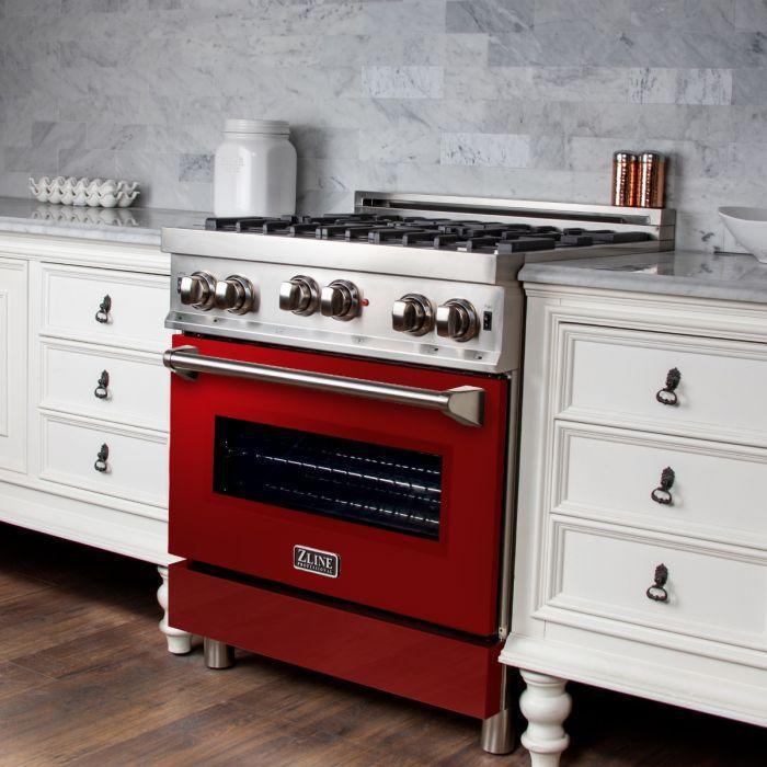 ZLINE 30 in. Gas Range with Red Gloss Door & 30 in. Range Hood Appliance Package, 2KP-RGRGRH30