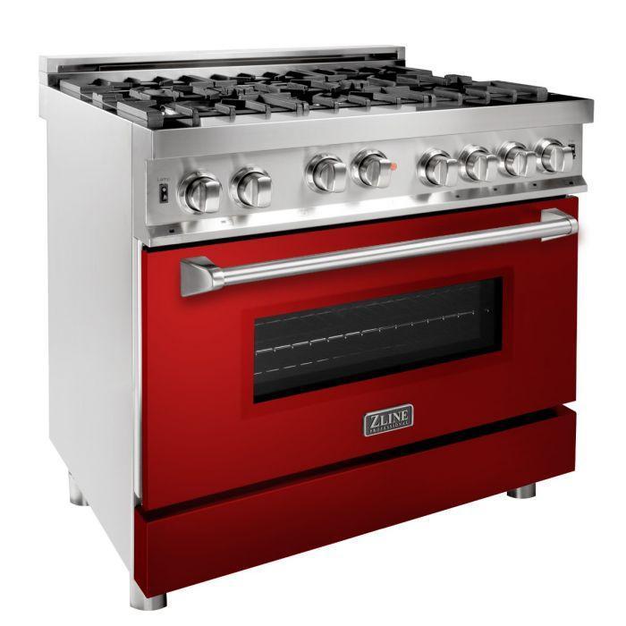 ZLINE 36 in. Gas Range with Red Gloss Door & 36 in. Range Hood Appliance Package, 2KP-RGRGRH36