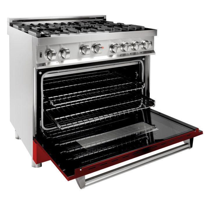 ZLINE 36 in. Gas Range with Red Gloss Door & 36 in. Range Hood Appliance Package, 2KP-RGRGRH36