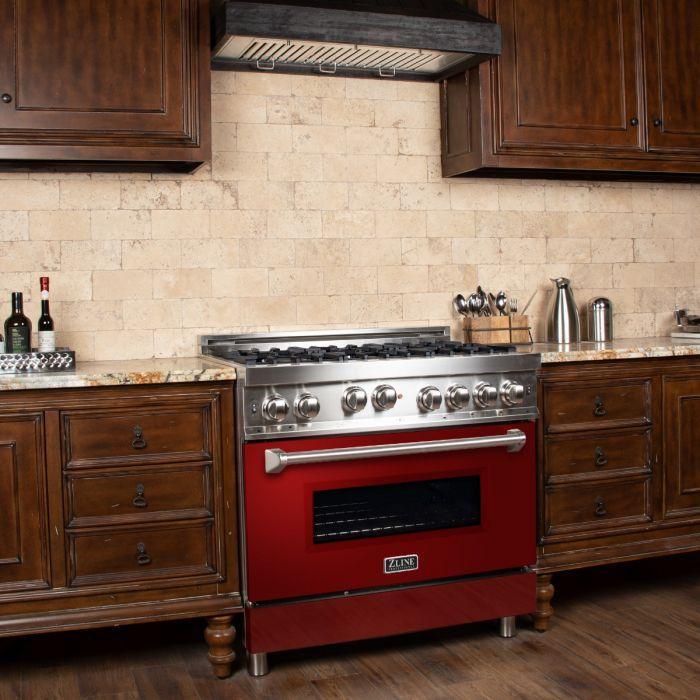 ZLINE 36 in. Gas Range with Red Gloss Door & 36 in. Range Hood Appliance Package, 2KP-RGRGRH36