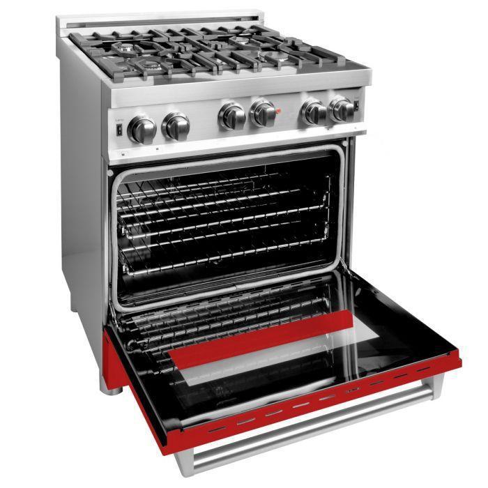 ZLINE 30 in. Gas Range with Red Matte Door & 30 in. Range Hood Appliance Package, 2KP-RGRMRH30